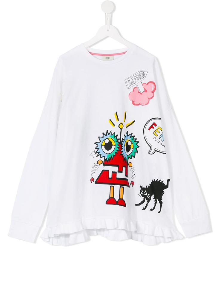 Fendi Kids Printed Longsleeved T-shirt, Girl's, Size: 14 Yrs, White