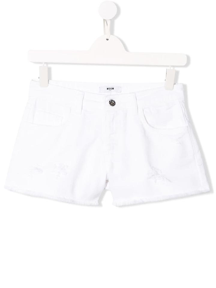 Msgm Kids Teen Logo Embroidered Denim Shorts - White