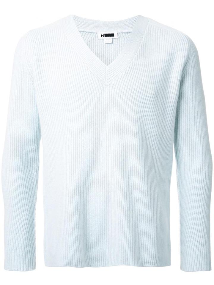 H Beauty & Youth V Neck Jumper, Men's, Size: Medium, Blue, Cashmere