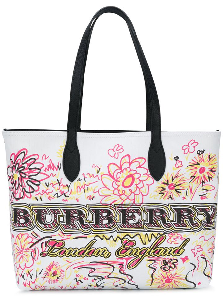 Burberry Printed Shopper Tote - White