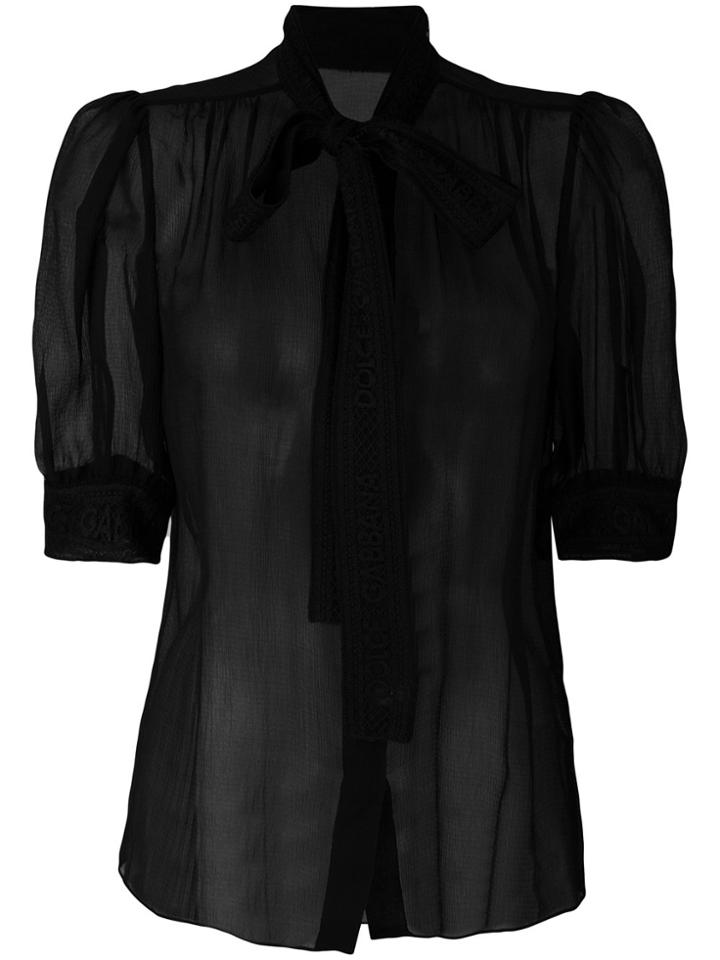 Dolce & Gabbana Sheer Blouse With Branded Pussy Bow - Black