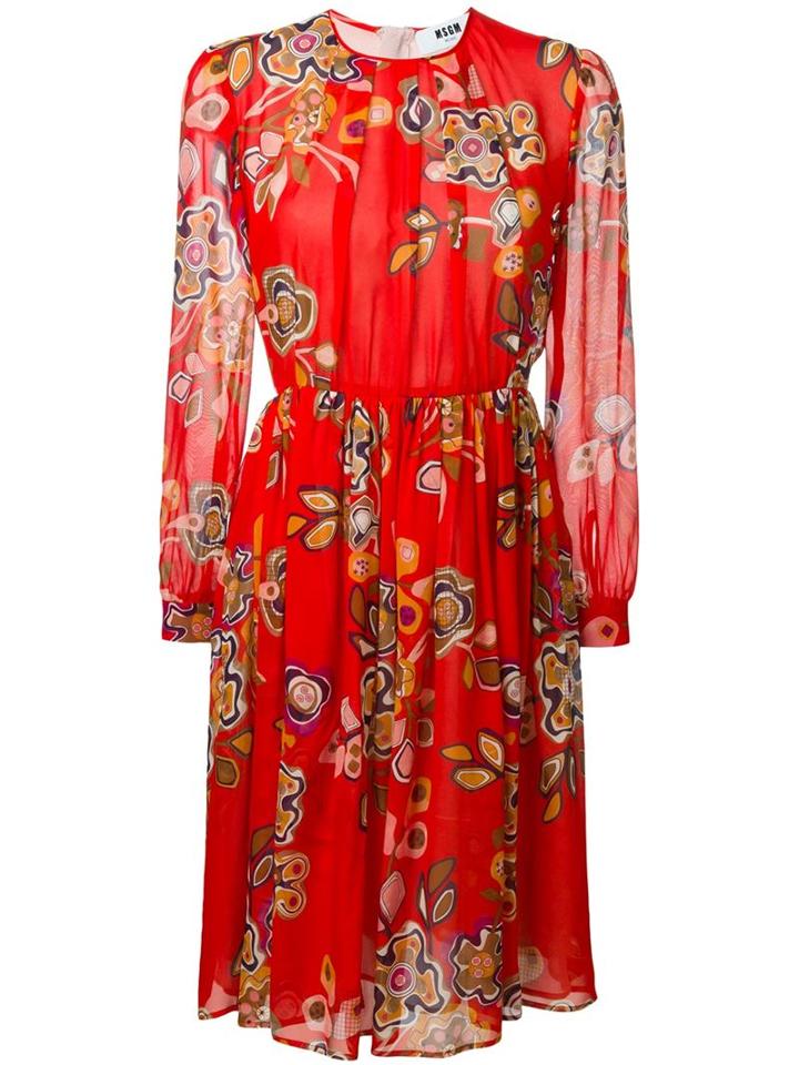 Msgm Floral Print Midi Dress, Women's, Size: 44, Red, Silk/polyester