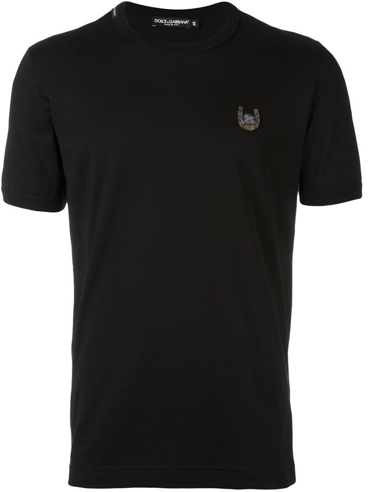 Dolce & Gabbana Horseshoe Appliqué T-shirt, Men's, Size: 52, Black, Cotton/ramie/glass/polyester