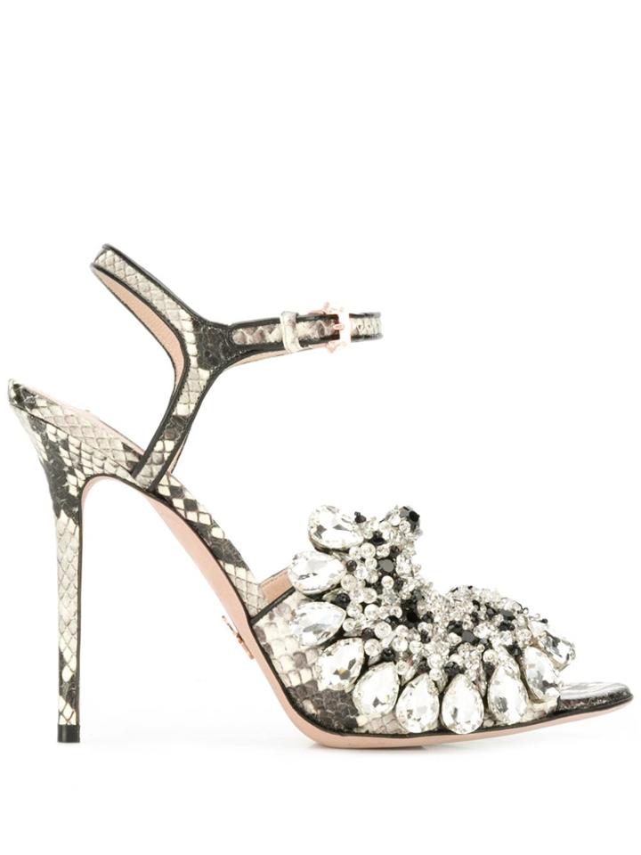 Paula Cademartori Embellished Snakeskin-effect Sandals - Neutrals