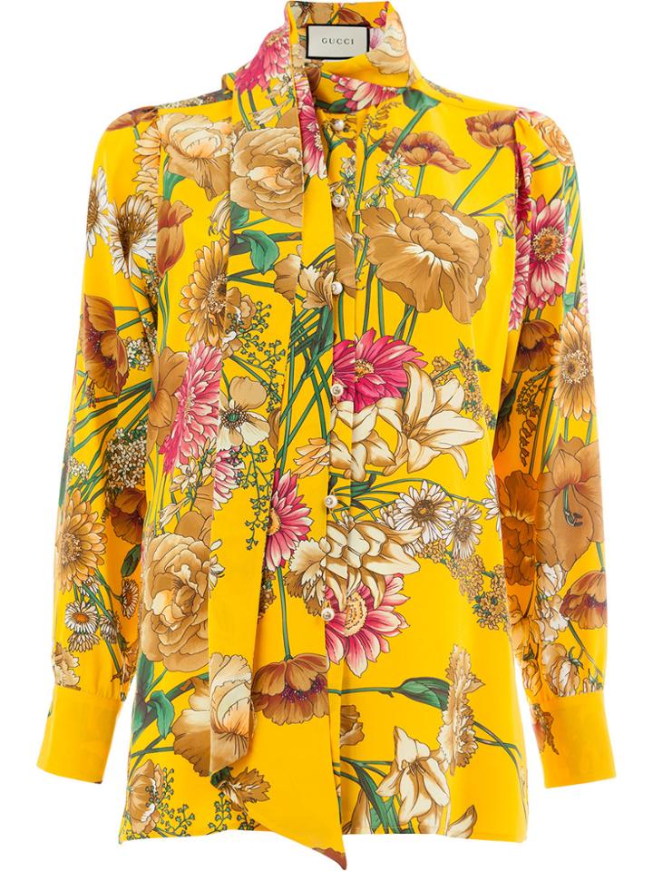 Gucci Floral Mock Neck Blouse - Yellow & Orange