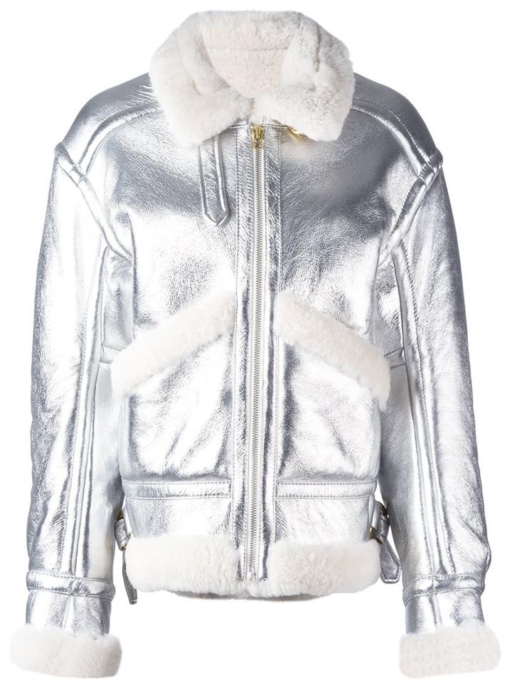 Petar Petrov Metallic (grey) Shearling Aviator Jacket, Women's, Size: 38, Lamb Skin/merino