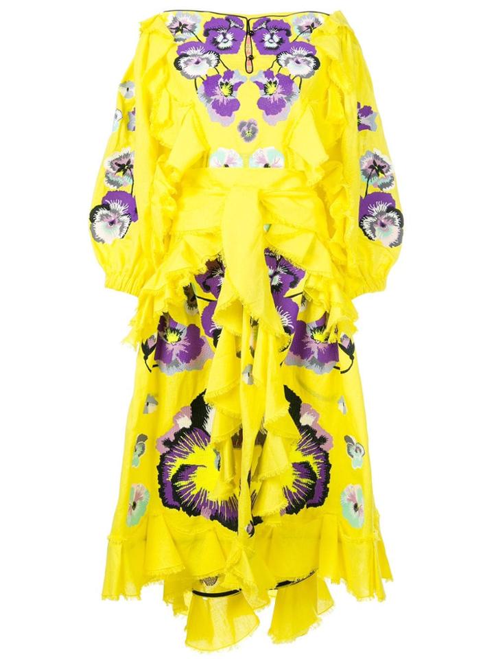 Yuliya Magdych Pansies Ruffle Trim Dress - Yellow W/purple