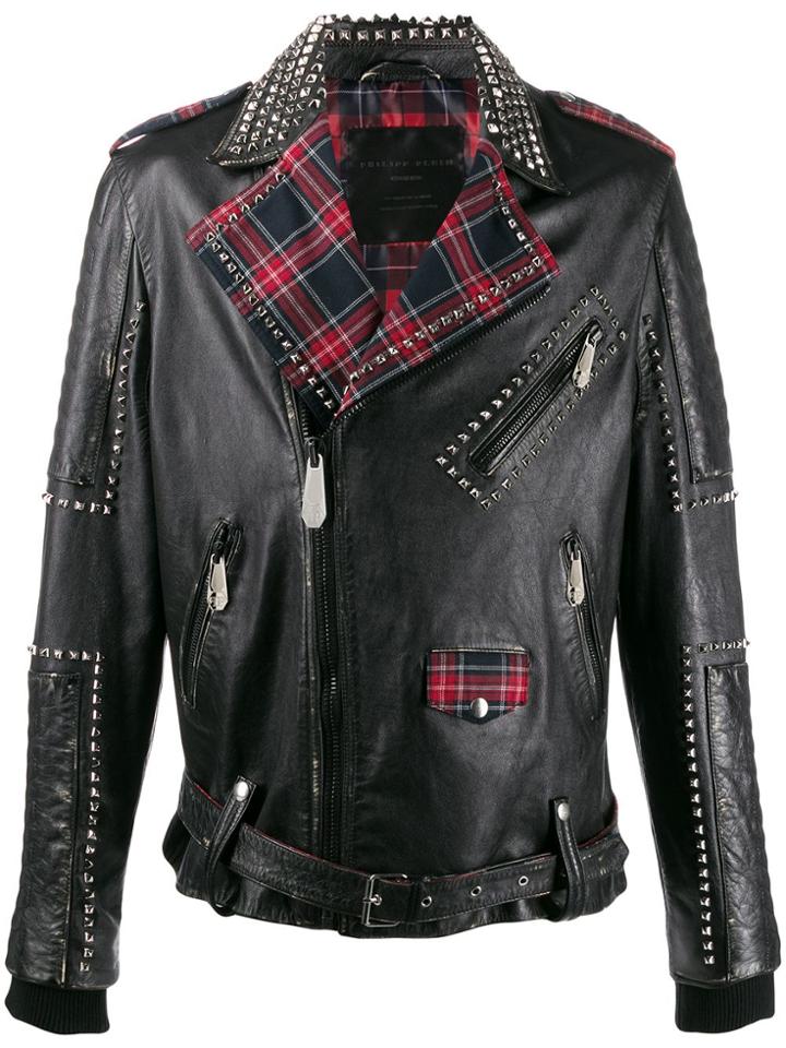 Philipp Plein Tartan Lined Biker Jacket - Black