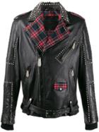 Philipp Plein Tartan Lined Biker Jacket - Black