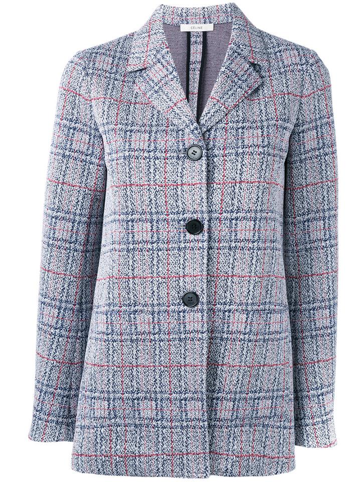 Céline Buttoned Tweed Jacket, Women's, Size: 40, Blue, Silk/cotton/polyester