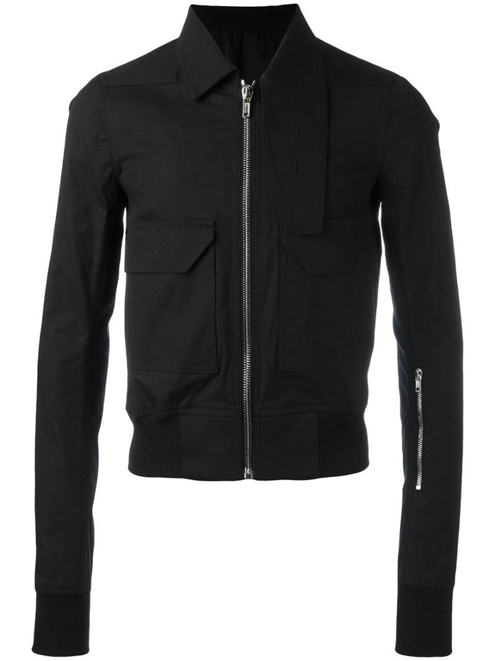 Rick Owens Buttoned Funnel Neck Bomber Jacket, Men's, Size: 48, Black, Cotton/rubber/cupro