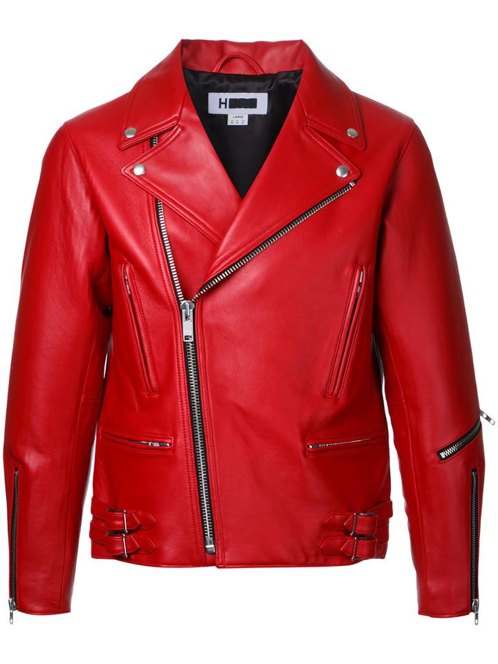 H Beauty & Youth Zip Up Biker Jacket, Men's, Size: Small, Red, Sheep Skin/shearling
