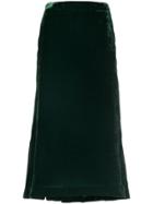 Push Button Velvet Fluted Hem Skirt - Green