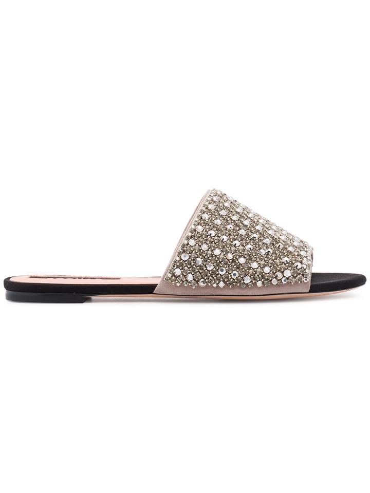 Rochas Flat Jewelled Slides With Leather Soles - Metallic