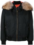 Mr & Mrs Italy Racoon Fur Hooded Bomber Jacket - Black