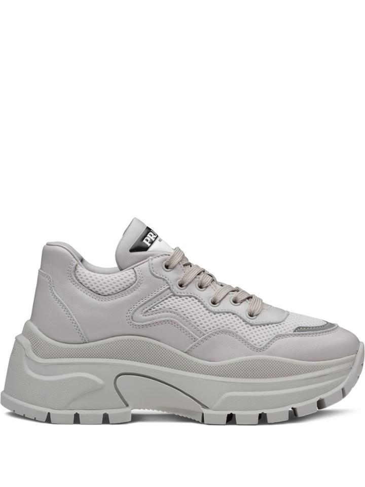 Prada Leather And Mesh Sneakers - Grey