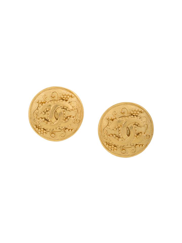 Chanel Vintage Cc Logo Button Earrings - Metallic