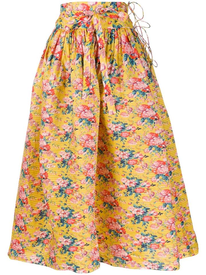Horror Vacui Floral Printed Flared Skirt - Yellow