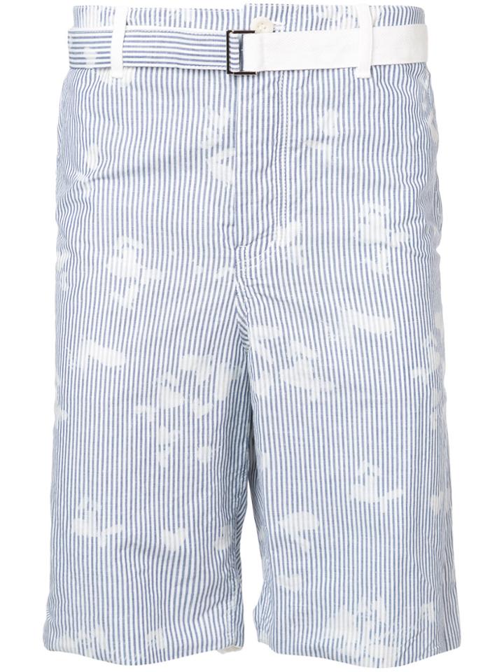 Sacai Striped Bleach-heart Print Shorts - Blue