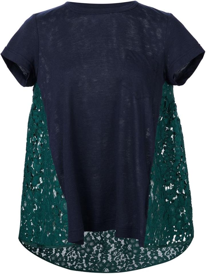 Sacai Flared Lace Insert T-shirt, Women's, Size: 2, Blue, Linen/flax/polyester
