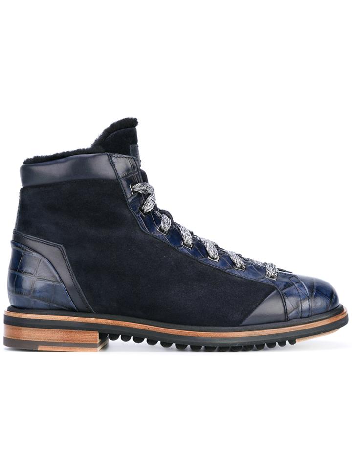 Santoni Lamb Fur Trim High Top Sneakers - Blue