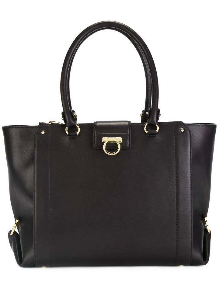 Salvatore Ferragamo Gancio Clasp Tote Bag, Women's, Black, Calf Leather