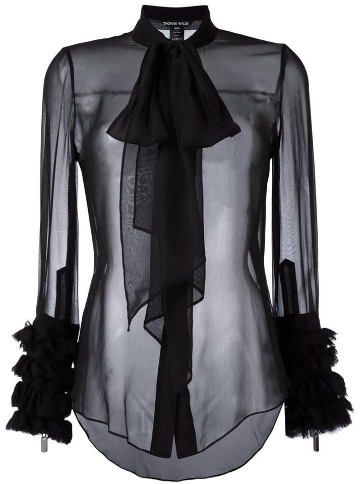 Thomas Wylde Sheer Pussy Bow Shirt, Women's, Size: Small, Black, Silk