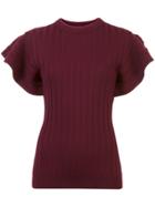 Victoria Victoria Beckham Ruffle Sleeve Ribbed Top - Red