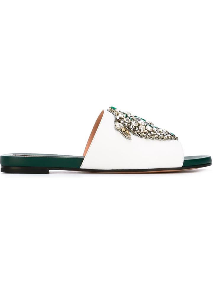 Rochas Embellished Flat Sandals, Women's, Size: 38.5, White, Calf Leather/leather/crystal