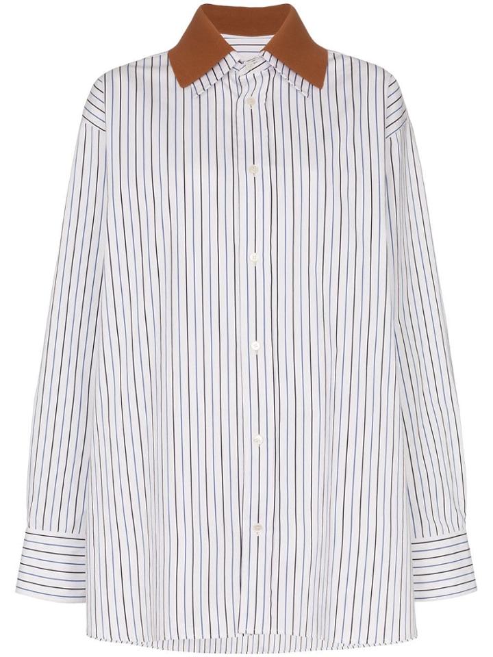 Plan C Removable Collar Stripe Print Cotton Shirt - Blue