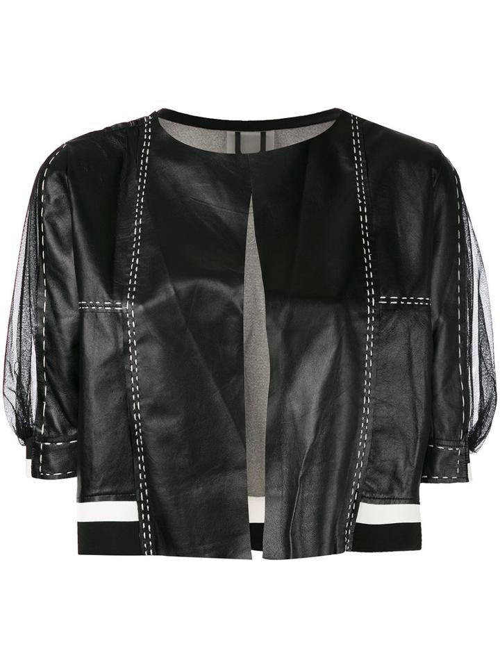 Aviù - Cropped Sheer Sleeve Jacket - Women - Leather/polyamide/spandex/elastane/metallized Polyester - M, Black, Leather/polyamide/spandex/elastane/metallized Polyester