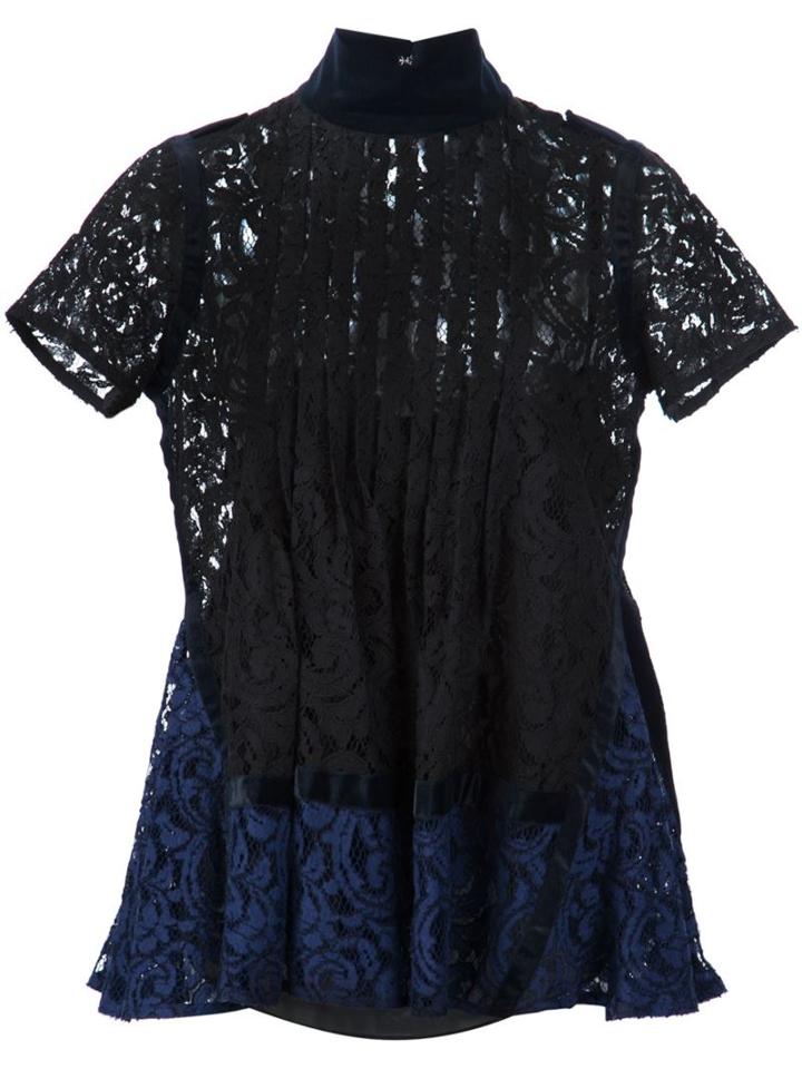 Sacai Pintuck Lace Blouse, Women's, Size: 3, Black, Rayon/nylon/cotton