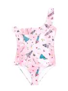 Elisabetta Franchi La Mia Bambina Ruffled One Shoulder Swimsuit - Pink