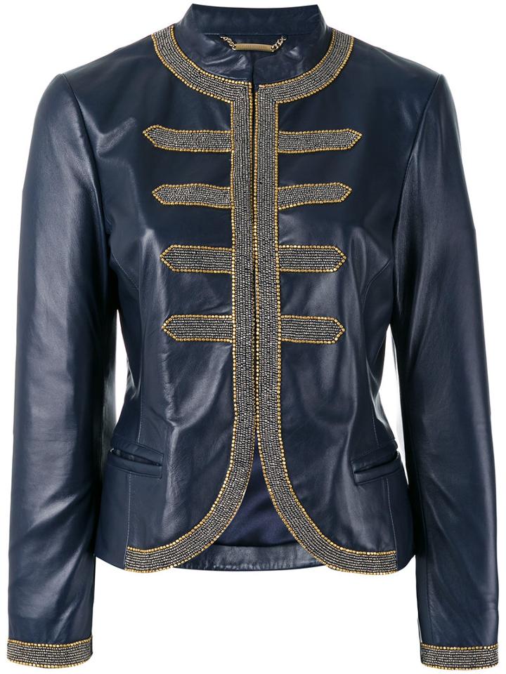 Alberta Ferretti Beaded Trim Jacket, Women's, Size: 44, Blue, Polyester/lamb Fur