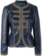 Alberta Ferretti Beaded Trim Jacket, Women's, Size: 44, Blue, Polyester/lamb Fur
