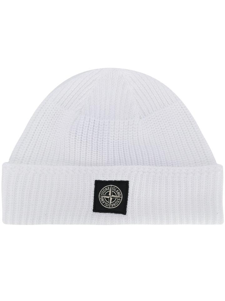 Stone Island Logo Patch Beanie - White