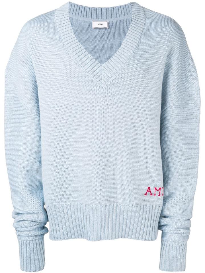 Ami Paris V Neck Oversize Sweater - Blue
