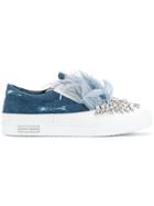Miu Miu Feather And Crystal-embellished Denim Sneakers - Blue