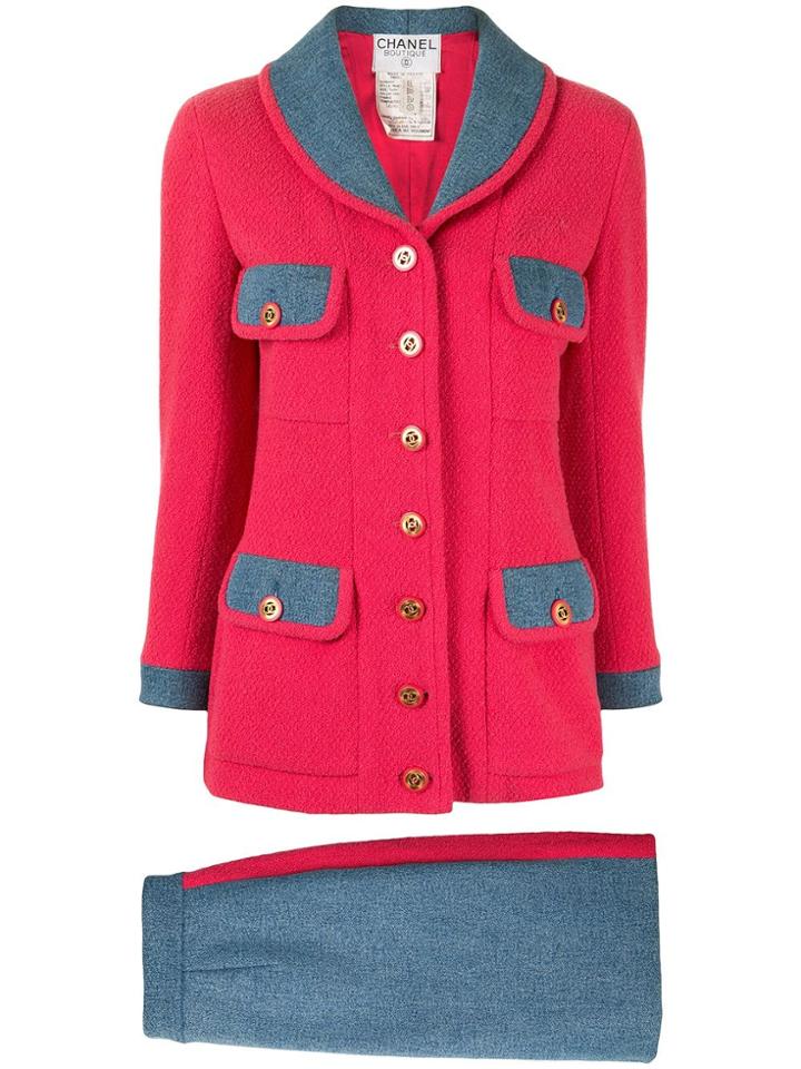 Chanel Pre-owned Woven Denim Skirt Suit - Red