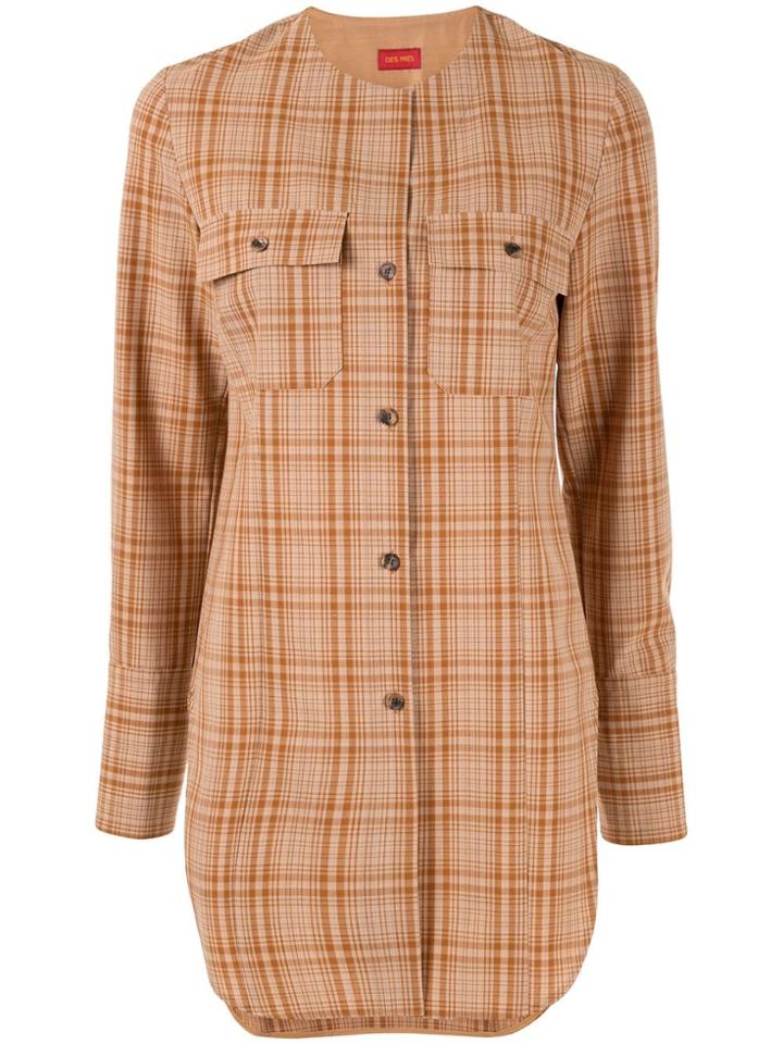 Des Prés Check Print Collarless Shirt - Brown
