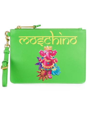 Moschino - Crowned Elephant Print Clutch - Women - Calf Leather/polyester - One Size, Green, Calf Leather/polyester