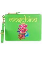 Moschino - Crowned Elephant Print Clutch - Women - Calf Leather/polyester - One Size, Green, Calf Leather/polyester