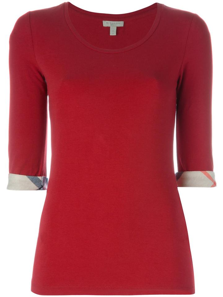 Burberry - 'house Check' Cuffs T-shirt - Women - Cotton/spandex/elastane - L, Red, Cotton/spandex/elastane