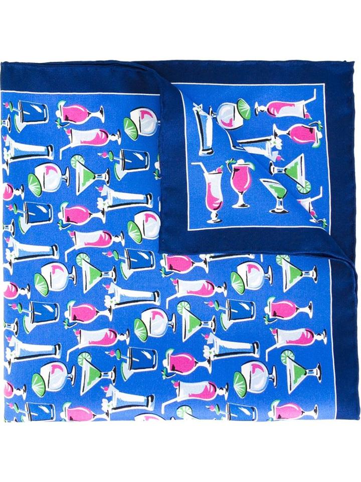 Kiton Drinks Print Pocket Square, Men's, Blue, Silk
