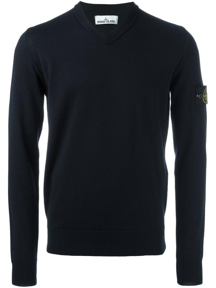 Stone Island V-neck Pullover, Men's, Size: Large, Blue, Wool