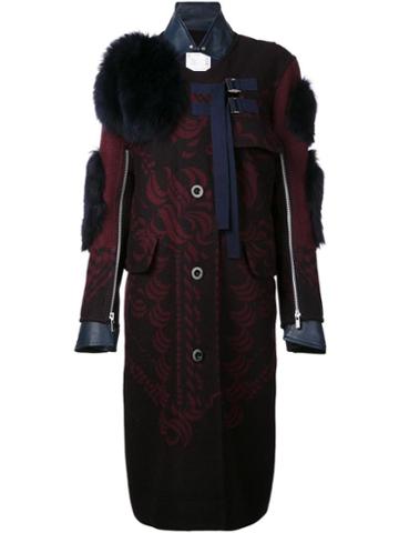 Sacai Calligraphy Print Coat, Women's, Size: 4, Red, Cupro/leather/nylon/lamb Fur