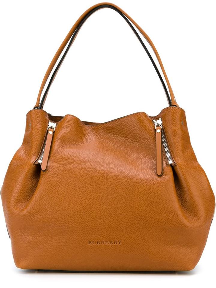 Burberry Checked Panel Tote, Women's, Brown, Calf Leather/jute/cotton/rayon