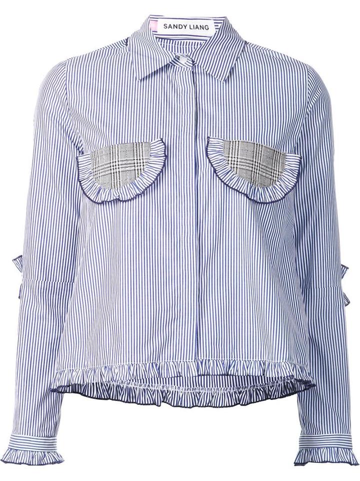 Sandy Liang Striped Ruffled Detailing Shirt, Women's, Size: 38, Blue, Cotton