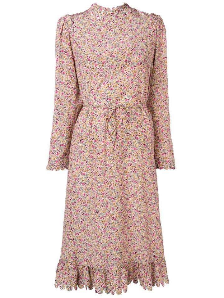 Horror Vacui Scalloped Floral Print Dress - Pink & Purple