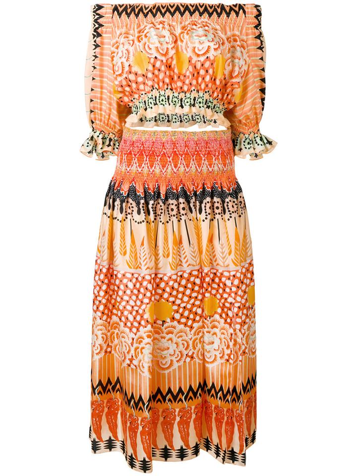 Temperley London - Printed Off Shoulder Dress - Women - Silk - 8, Yellow/orange, Silk
